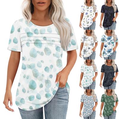 T Shirts For Women Pleated Round Neck Dressy Casual Blouses Printing Short Sleeve Summer Tops Loose Fit