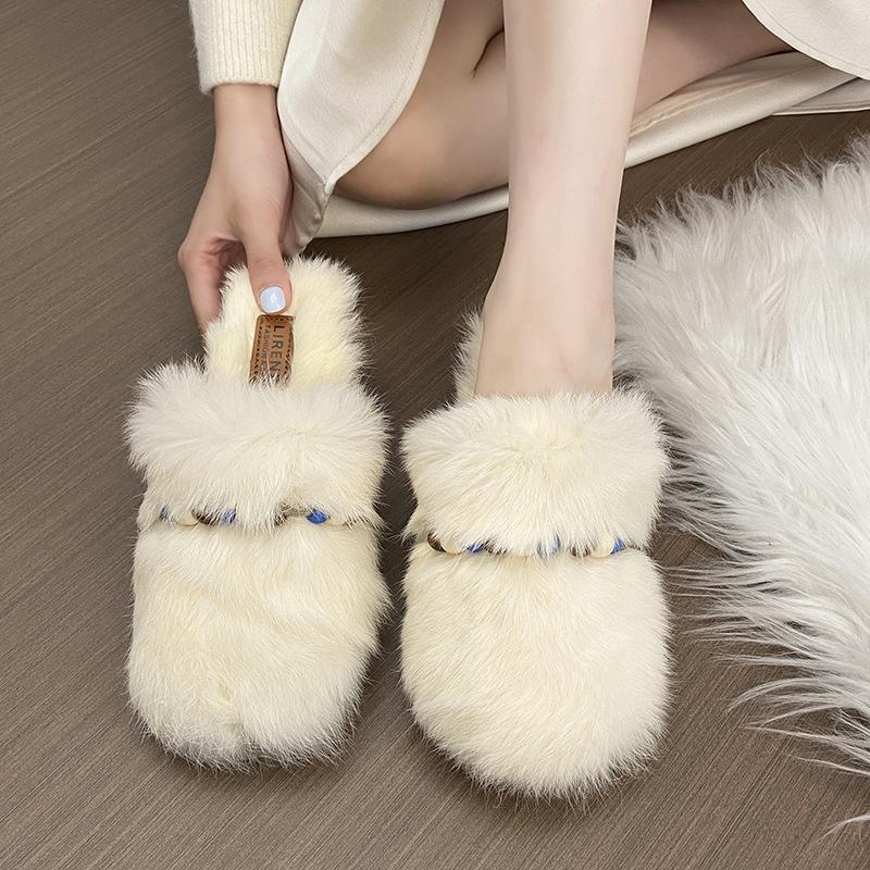 Thick-bottomed Fluffy Slippers for Women's Outer Wear 2025 Autumn and Winter New Beaded Accessories Fashion Foreign Style Home High-end Cotton Slipper