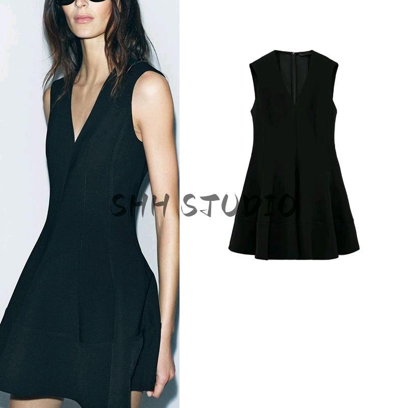 Spring New Women clothes Hepburn Black Dress Waist Hugging Slimming Wave Wide Swing V-neck Short Dress 2344188