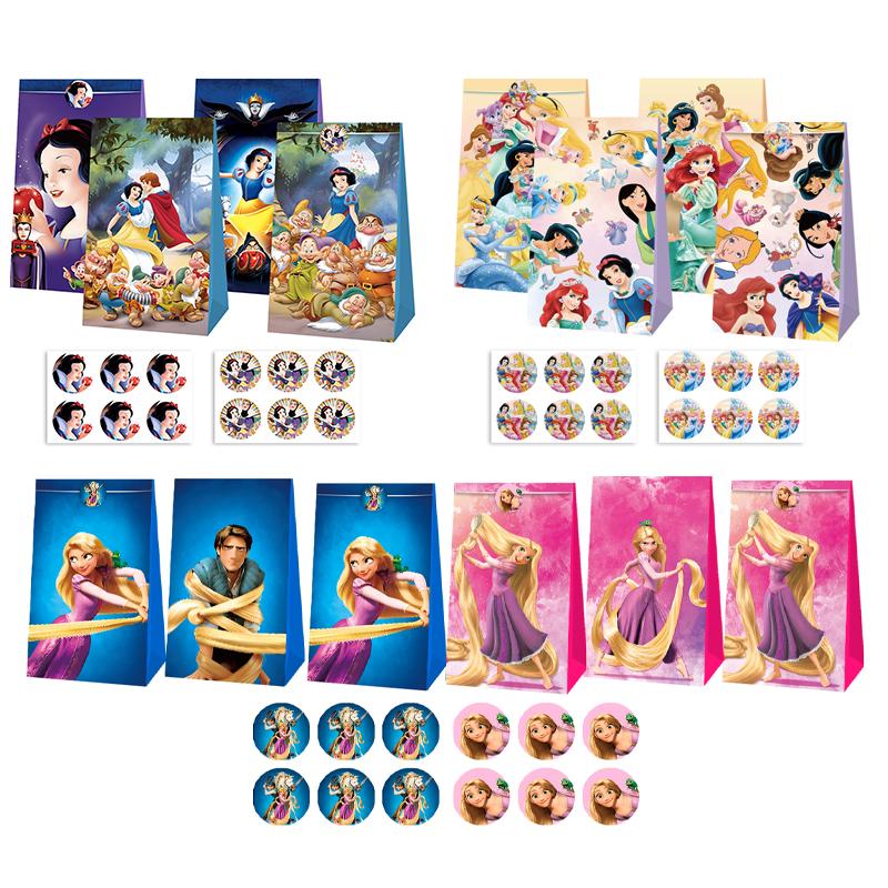 New 12Pcs Set Anime Princess Snow White Rapunzel Jasmine Figures Candy Paper Gift Bag Cartoon Handbag Girls Birthday Gift