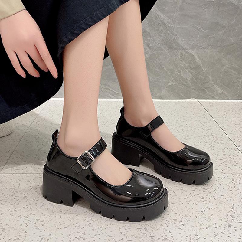 Woman Punk Thick Heels Lolita Shoes Black Ankle Buckle Platform Pumps Women Japanese Style Patent Leather Mary Jane Shoes