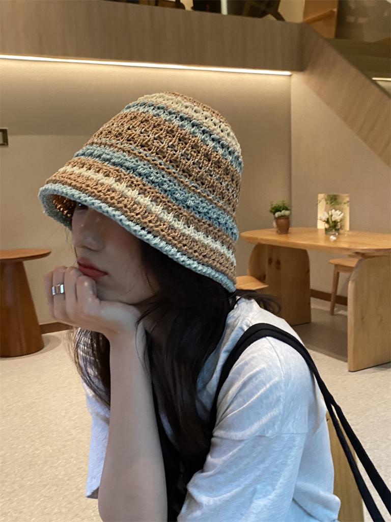 Spring and summer thin handmade knitted fisherman hat striped soft top basin hat versatile sun protection travel visor