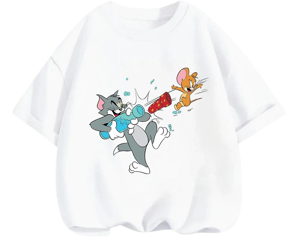 Cute Kawaii Tom And Jerry Crew Neck T Shirt Summer Casual Street Style Daily Outfit Kids Aged 3 To 14