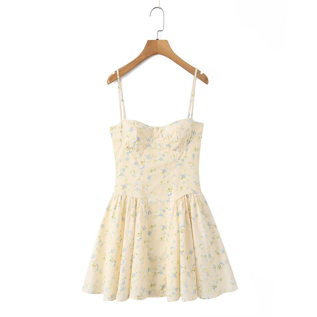 House French sweet romantic yellow floral waist skirt women's holiday fluffy suspender dress