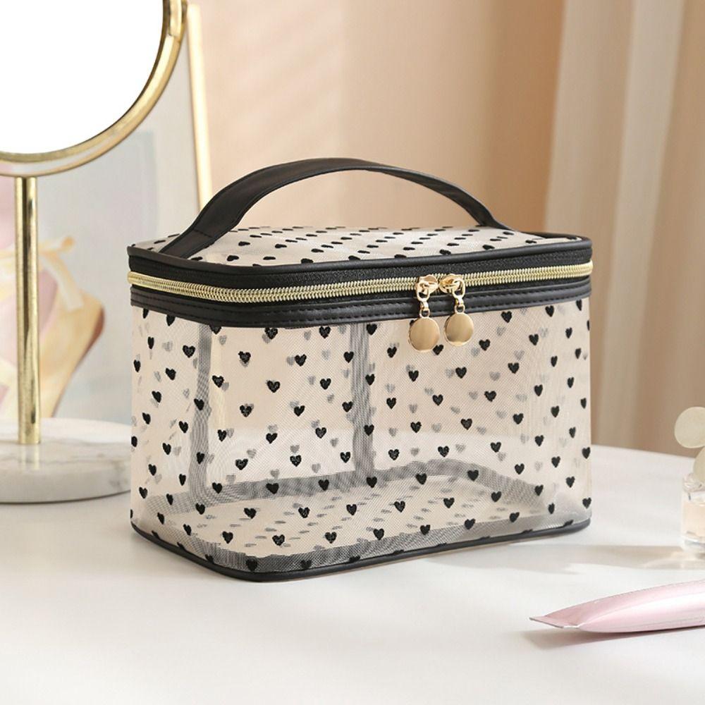 Black Heart Printed Mesh Love Makeup Bag Large Capacity Women Toiletry Bag Women