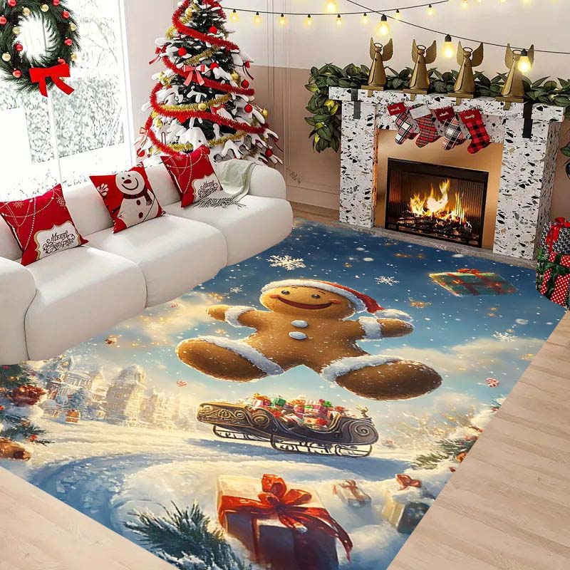 Christmas Gingerbread Man Print Rug – Festive Living Room Decor Mat & Non-Slip, Durable Bedside Floor Mat
