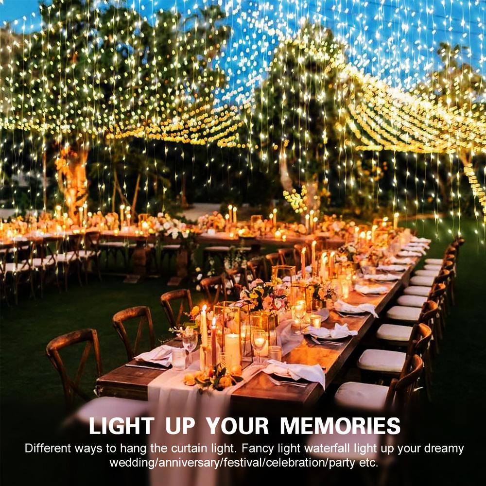 8 Modes LED Solar Courtyard Curtain Lights Outdoor Waterproof Fairy String Lights 100LED 200LED 300LED Garden Window Bedroom Wedding