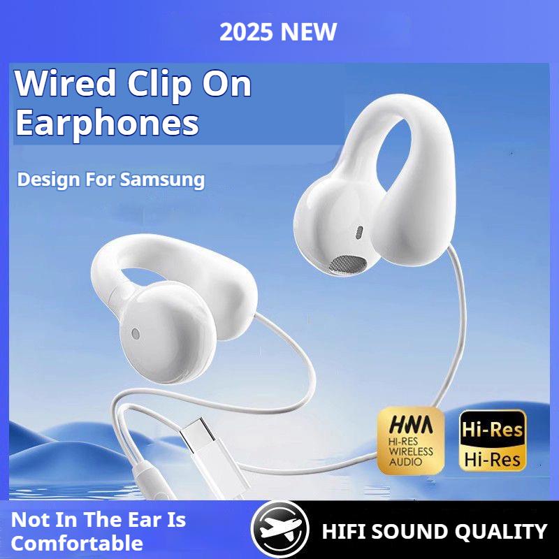 Clip-on Wired Headphones type C&3.5mm Stereo Sports Music Earbuds Handfree Sport Gamer Headset Earphones with HD mic For Samsung