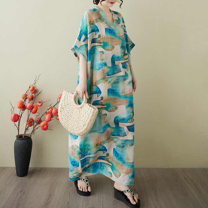Women's Vintage Long Dress with Cotton and Linen Patterns