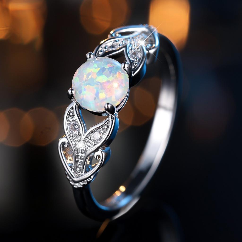 White Opal Round Stone Hollow Engagement Rings for Women Vintage Silver Color Blue Zircon Wedding Bands Birthstone Jewelry Gifts