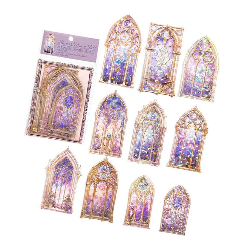 10PCS Holographic Scrapbook Sticker 3D PET Bright Color Window Design Easy Apply Aesthetic Sticker for Journal Notebook