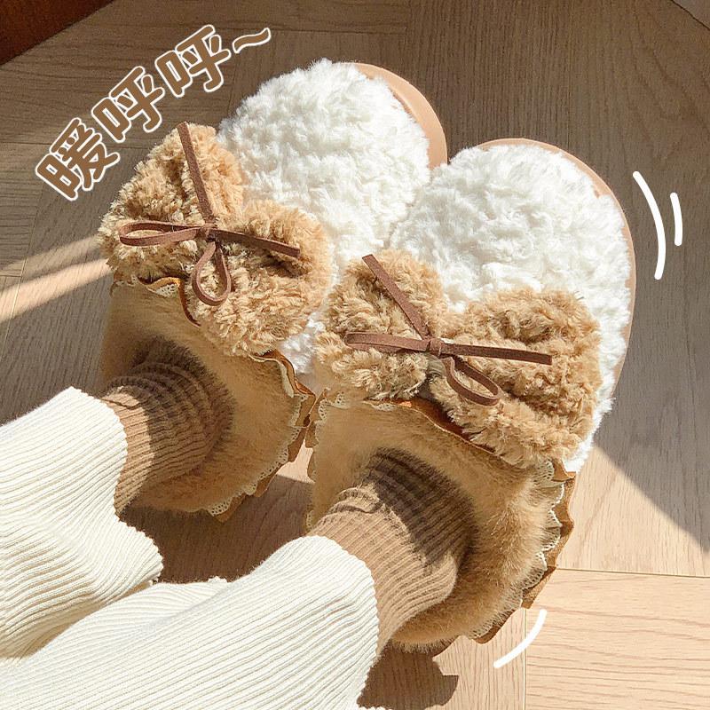 Winter new bow girl ballet wind cotton mop thickened warm plush home wear casual slippers