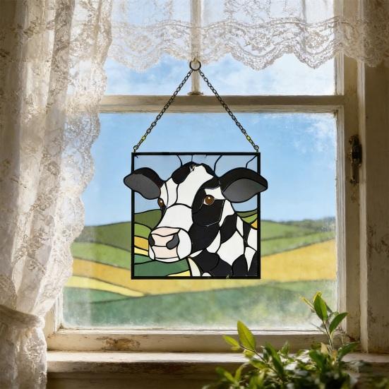 Handcrafted Black White Cow Suncatcher Stained Glass Style Window Hanging Panel 2D Acrylic Cow Ornament for Farmhouse Window Wall Decor Gift for