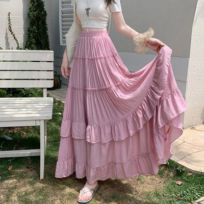 White Tiered Ruffle Hem Skirt High Waist Flowy A-Line Maxi Skirt Summer Chiffon Layered Skirt with Pleats