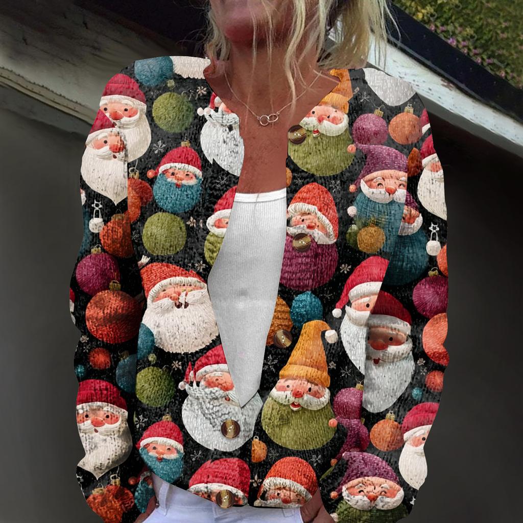 Women's Fashion Christmas Print Long Sleeve Knitted Cardigan Button Jacket