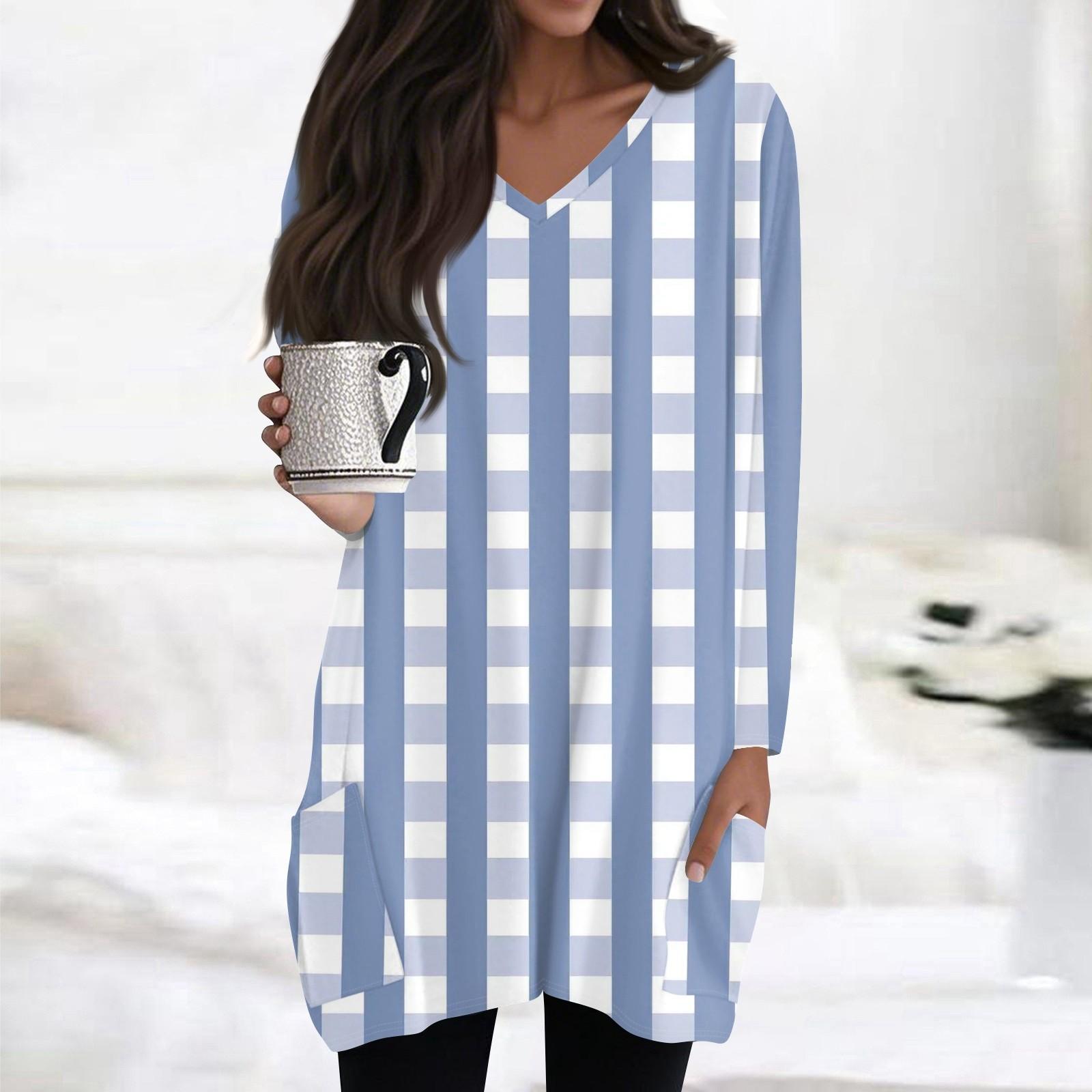 

Womens Tops V-neck Long Sleeve Blouses Casual Mid-length Shirts Fashion Print Tunic Tops With Pockets S