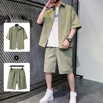 Men's Shirts Set Summer Solid Color Short Sleeve Shirt&Beach Shorts Streetwear Sports 2-Piece Set