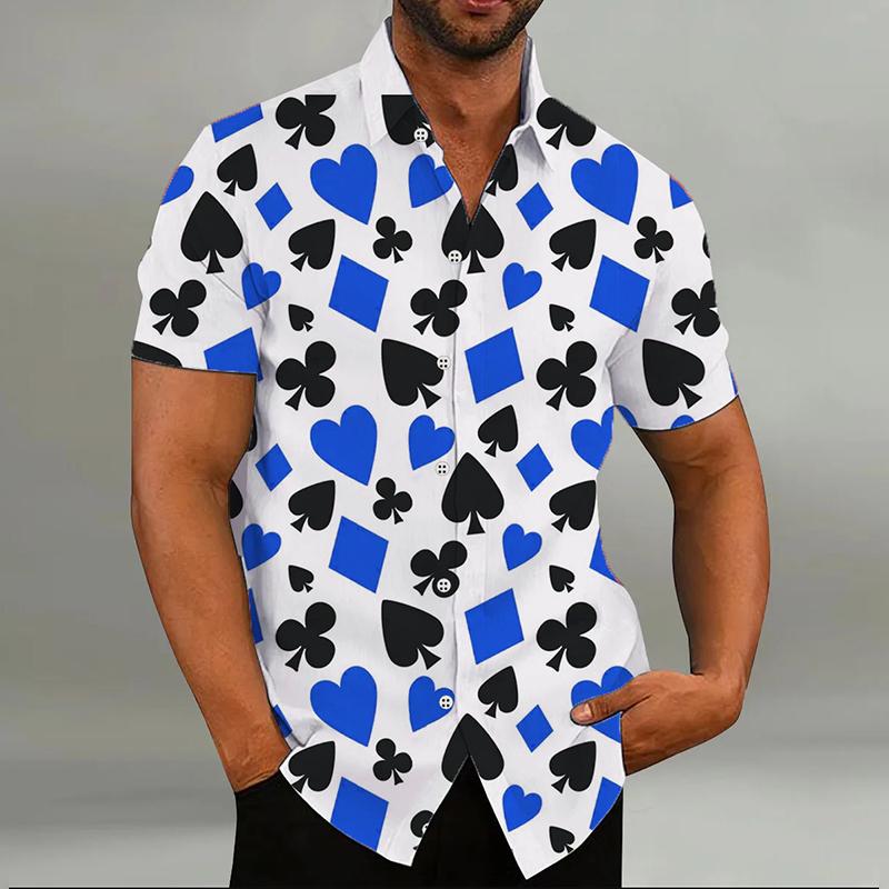 Huiteng4 Mode Herenoverhemd Speelkaarten 8 Kleuren Harten Schoppen 3D-print Revers Korte Mouw Outdoor Straat Casual Herenkleding 4XL