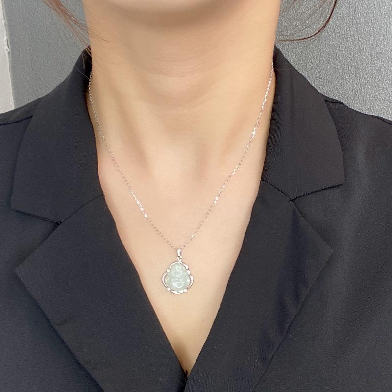 S925 Sterling Silver Hetian Jade Maitreya Buddha Pendant Necklace - Women's Ancient Chinese Style Clavicle Chain Gift