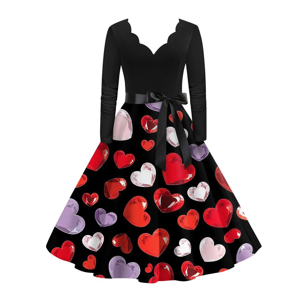 Damska stylowa i elegancka sukienka z długim rękawem, dekoltem w serek w kształcie serca na Walentynki