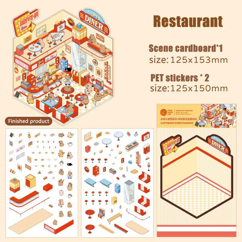 Cartoon Capybara Landscape Sticker Kawaii 3D Miniature Scene DIY Cabin Scene Visual Stacking Pasting Sticker Gift for