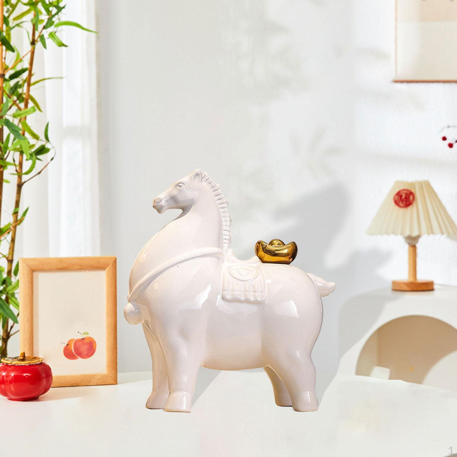 

Ceramic Horse Figurine, Creative Feng Shui Decorative Statuette, Desk Ornament for Shelf, Living White w Gold Ingot