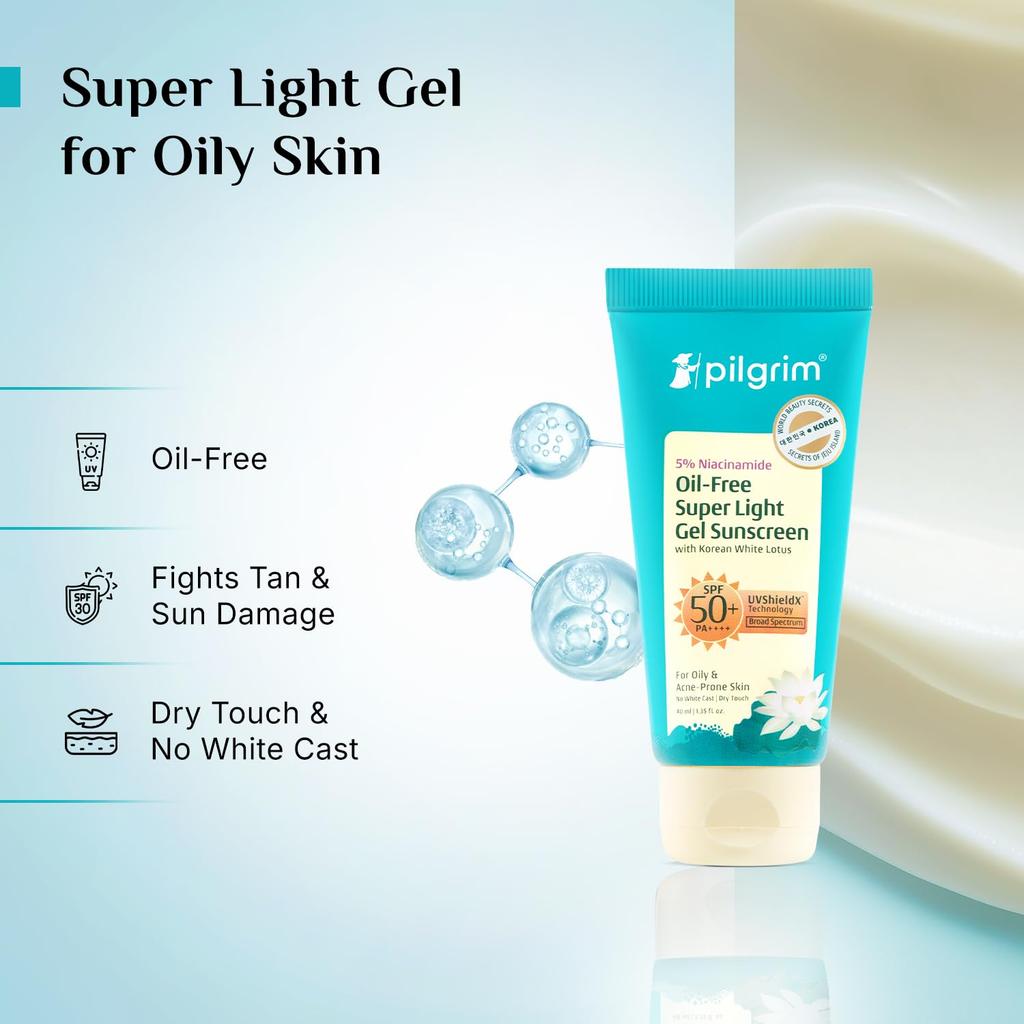 Pilgrim 5% Niacinamide Oil-Free Gel Sunscreen SPF 50 PA++++ For Oily Skin, Dry Touch, Fast Absorbing, 45ml