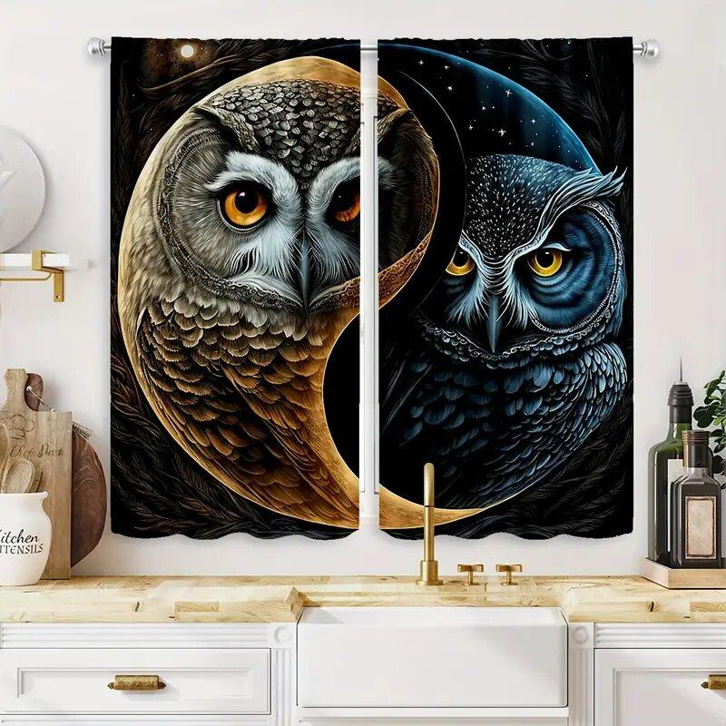 Taiji Chinese Owl Pattern Printed Curtains Window Decoration Home Room Set Of 2 Made Polyester