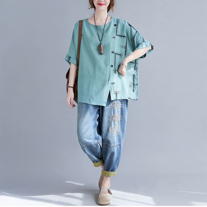 Sommar Oversize Bomull Hampa T-shirts Dam Rund Hals Kort Ärm Asymmetriska Enfärgade Pullovrar Mode Allmatch Toppar