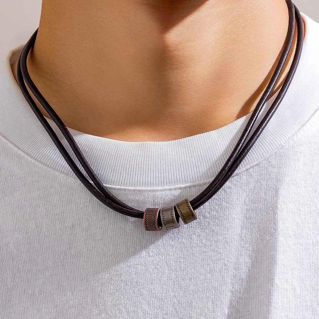 Simple Gun Black Color Wax Cord With Pendant Necklace for Men Small Round Rings Charm Choker Jewelry Collar Party Street