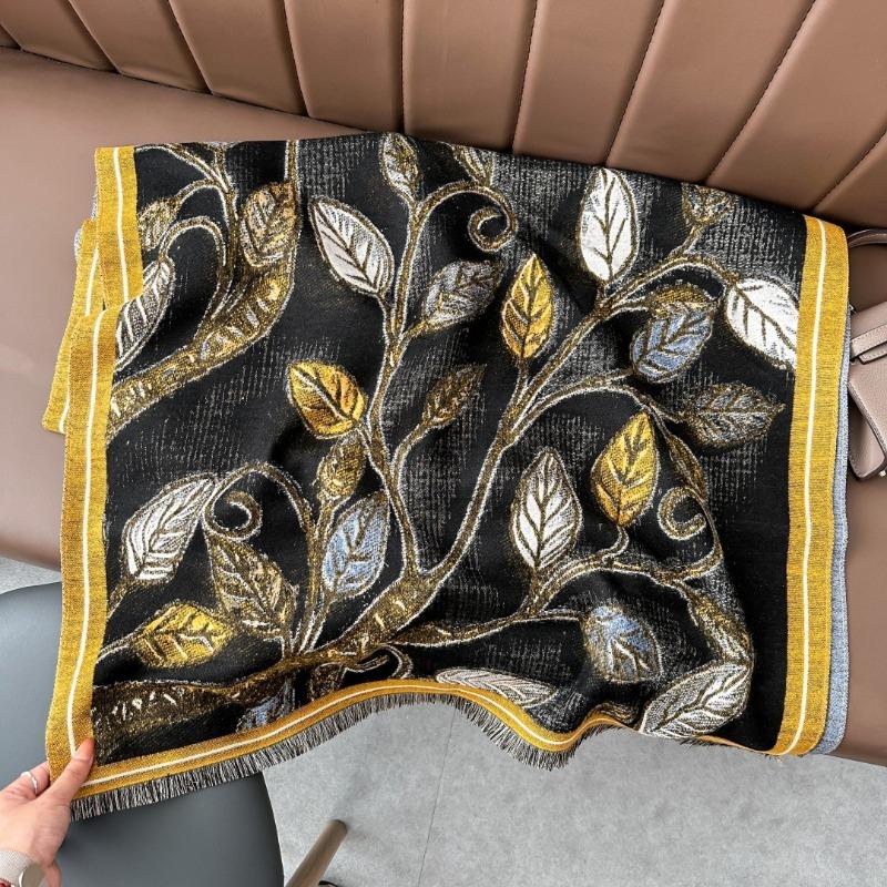 Autumn and Winter Retro Leaf Mother Scarf Imitation Cashmere Jacquard Four Shuttle Scarf Women's Warm Thickened Scarf Shawl