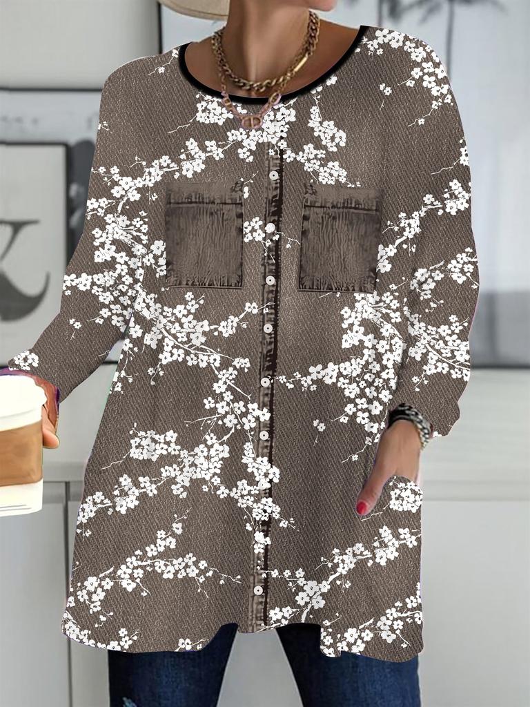 2025 Toamnă Iarnă Nou Topuri de Damă Mărimi Mari, Tricouri Fashion cu Mânecă Lungă și Guler Rotund cu Imprimeu Floral 3D