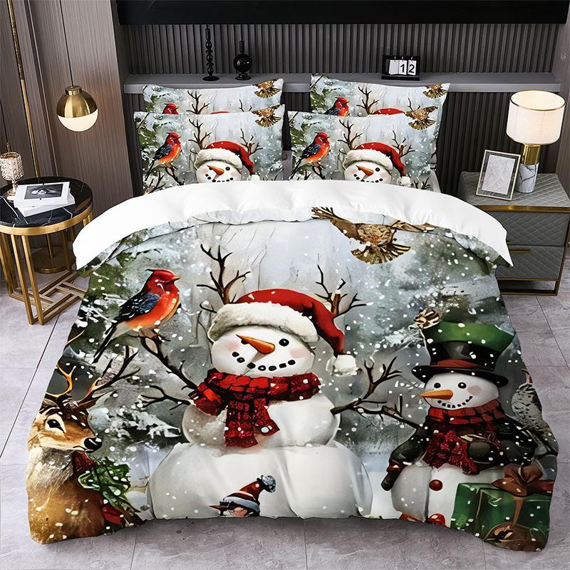 Christmas-themed Printed Duvet Cover and Pillowcase Set Santa Claus Reindeer Sleigh Christmas Tree Snowflakes 2pcs/3pcs Bedding