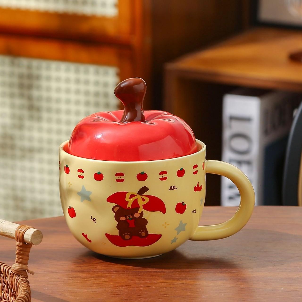 Creative Apple Ceramic Mug with Lid Retro Drinking Cup High Appearance Level Home Breakfast Cup Coffee Cup Souvenir 410ml