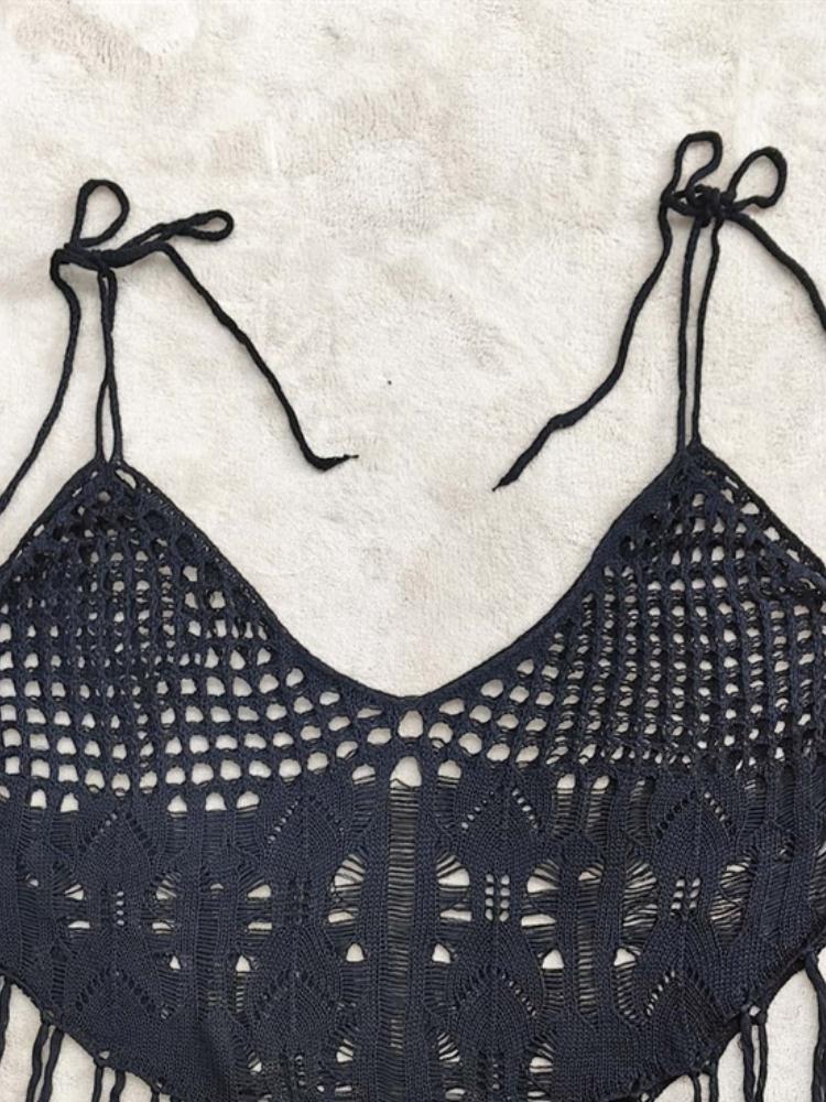 Summer Casual Hollow Out V Neck Bikini Blouse Women Design Sexy Loose Sleeveless Lace Up Sling Top Female Vintage Patchwork Tassels Off Shoulder Tops