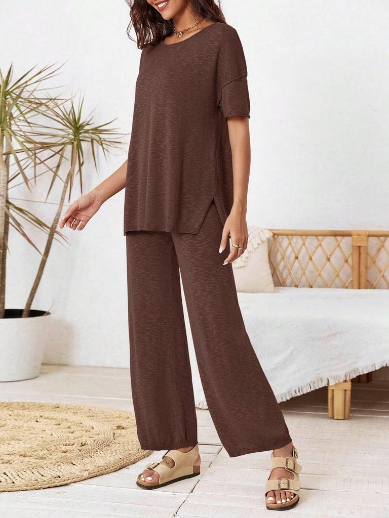 Women's Two Piece Travel Lounge Set Short Sleeve Knit Pullover and Wide Leg Pants Tracksuit