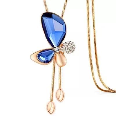 Crystal Butterfly Pendant Long Necklace for Women Classic Tassel Sweater Chain