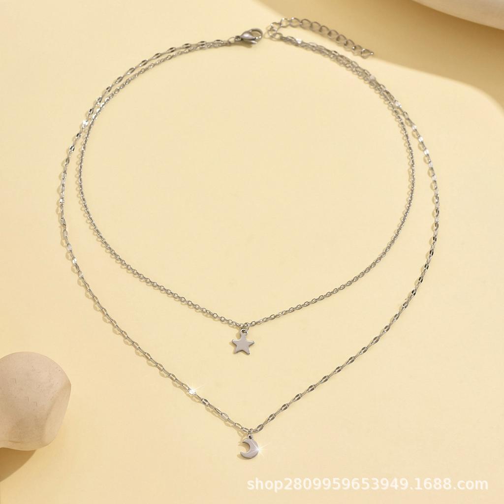Ins Wind Star Moon Double Layer Titanium Steel Necklace Niche Women Fashion Personality Layered Collarbone Chain
