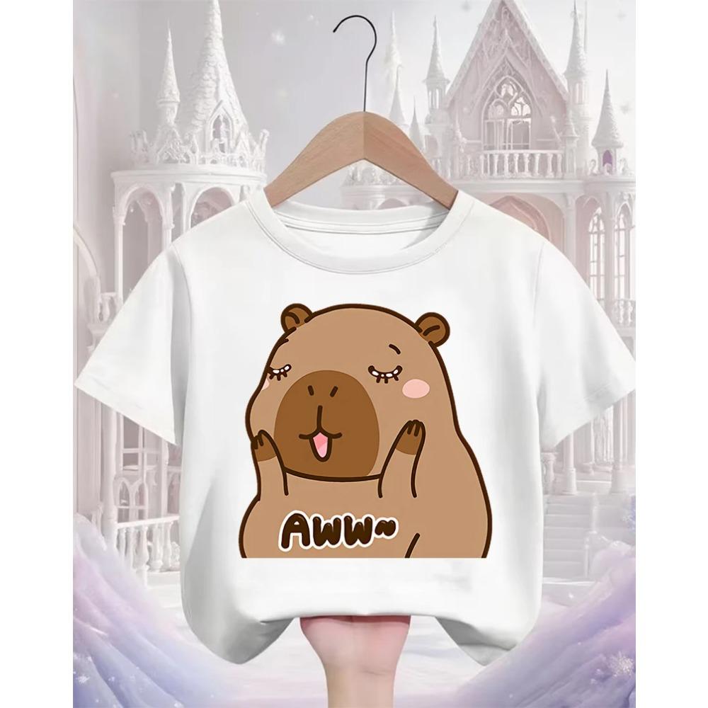 Cute Kawaii Capybara Crew Neck T Shirt Summer 3-14Y Boys Girls Fashion Street Hot Cartoon Casual Children