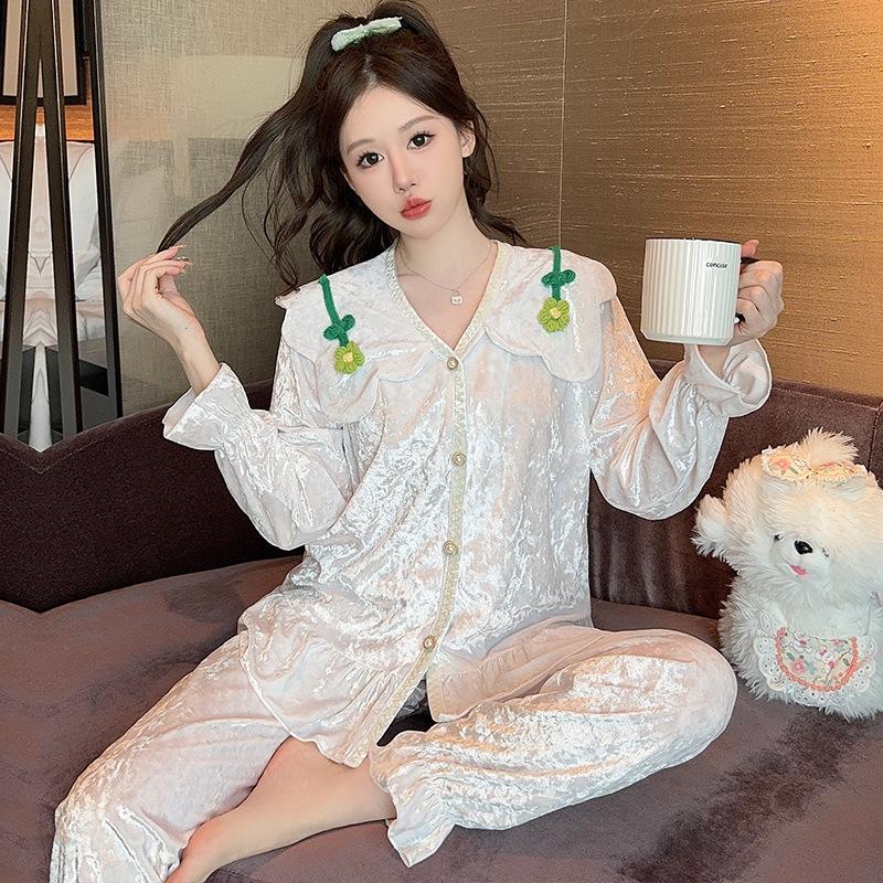 Linglei Autumn And Winter Golden Velvet Court Lace Cardigan Pajamas Women'S Long-Sleeved Trousers Autumn And Winter Loungewear