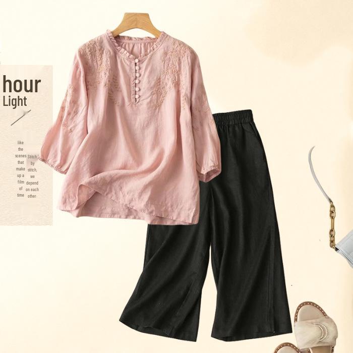 Southeast Asia Retro Embroidered Cotton-Linen Two-Piece Set: Seven-Sleeve Shirt & Wide-Leg Pants