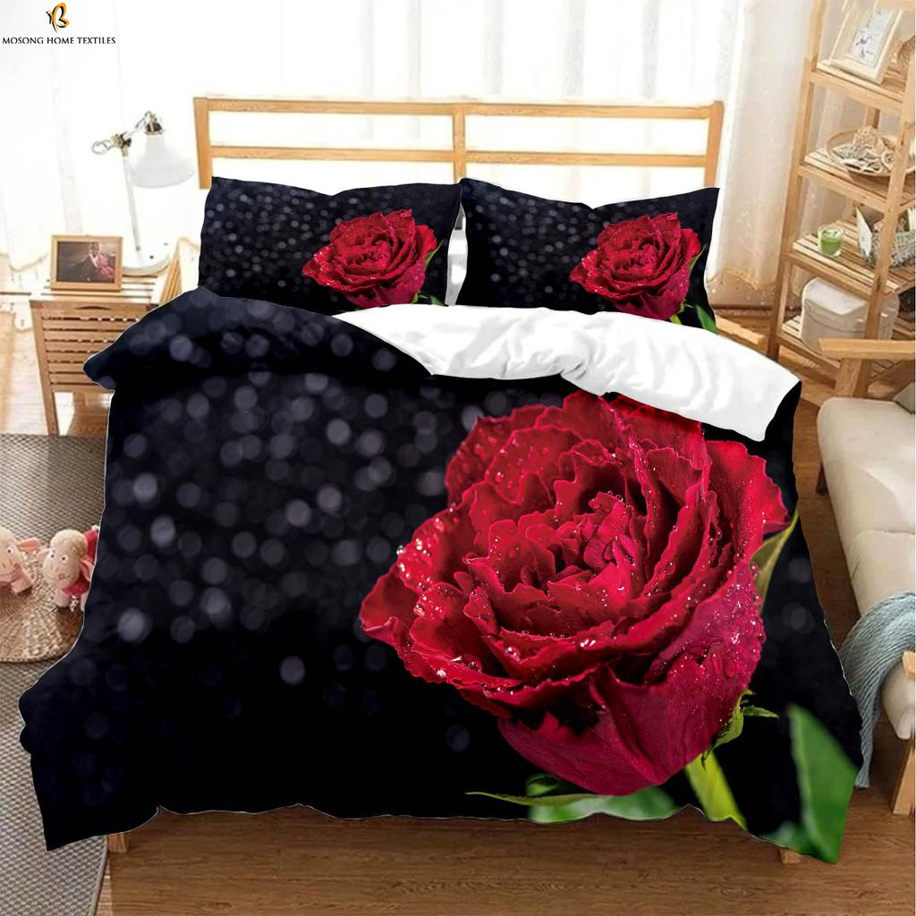 Vintage Wine Red Rose Print Quilt Cover Bedding Set Quilt Cover Pillowcase Romantic Valentine's Day Gift Three-Piece Set