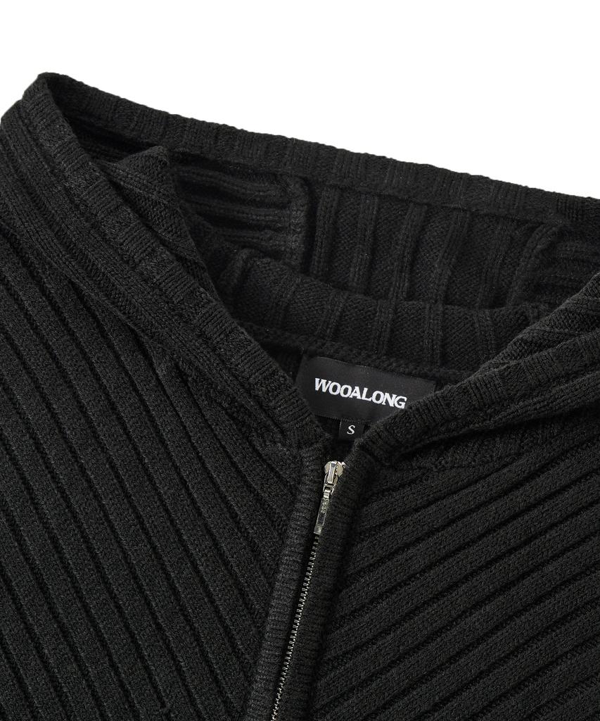 Uallong Rib Knit Hoodie Zip-Up - Black