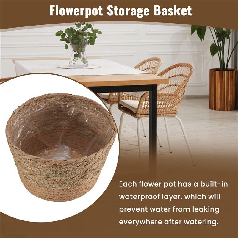 A84E-Straw Weaving Flower Plant Pot Wicker Basket Rattan Flowerpot Storage Basket Handmade Woven Planter Basket Durable M