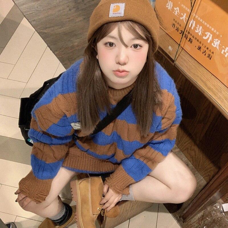 

Пуловер, винтажный полосатый свитер, женский осенне-зимний оверсайз, свободный дизайн, высококачественный вязаный свитер