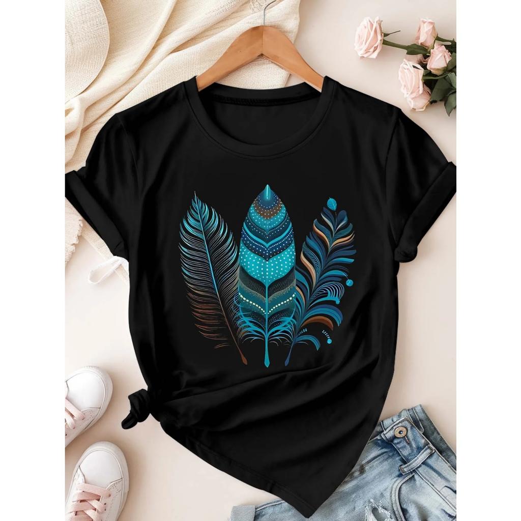 Plus - Size Black Round Neck T - Shirt with Feather - themed Print Bohemian - stylish and Nature - inspired
