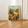 Oranje Kat Liggend Zonnebloem Poster Schattige Katten Koffie Drinken Canvas Schilderij Wandkunst Afbeelding voor Woonkamer Huis Muurschildering