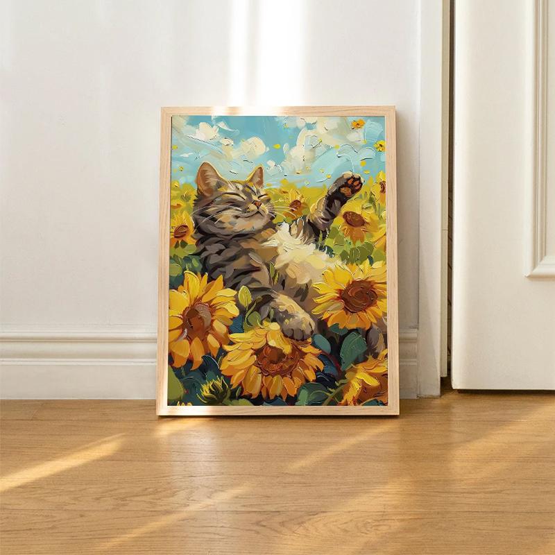 Oranje Kat Liggend Zonnebloem Poster Schattige Katten Koffie Drinken Canvas Schilderij Wandkunst Afbeelding voor Woonkamer Huis Muurschildering