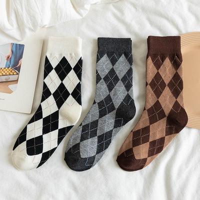 Women's Argyle Mid-Calf Jacquard Socks, Trendy Spring/Autumn Japanese-Inspired Sports Style