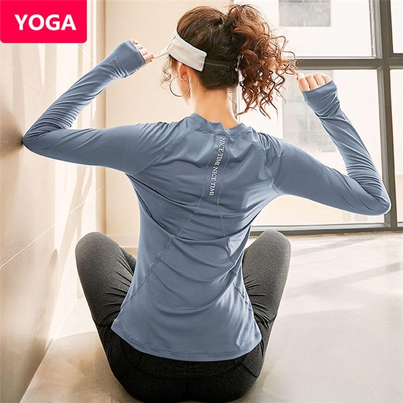 

Fall and Winter New Arrival Internet Celebrity Skinny Yoga Clothes Sexy Gym Running Sports Quick-Drying Long-Sleeved T-shirt Tops Women 8008-blue gray Long sleeves S